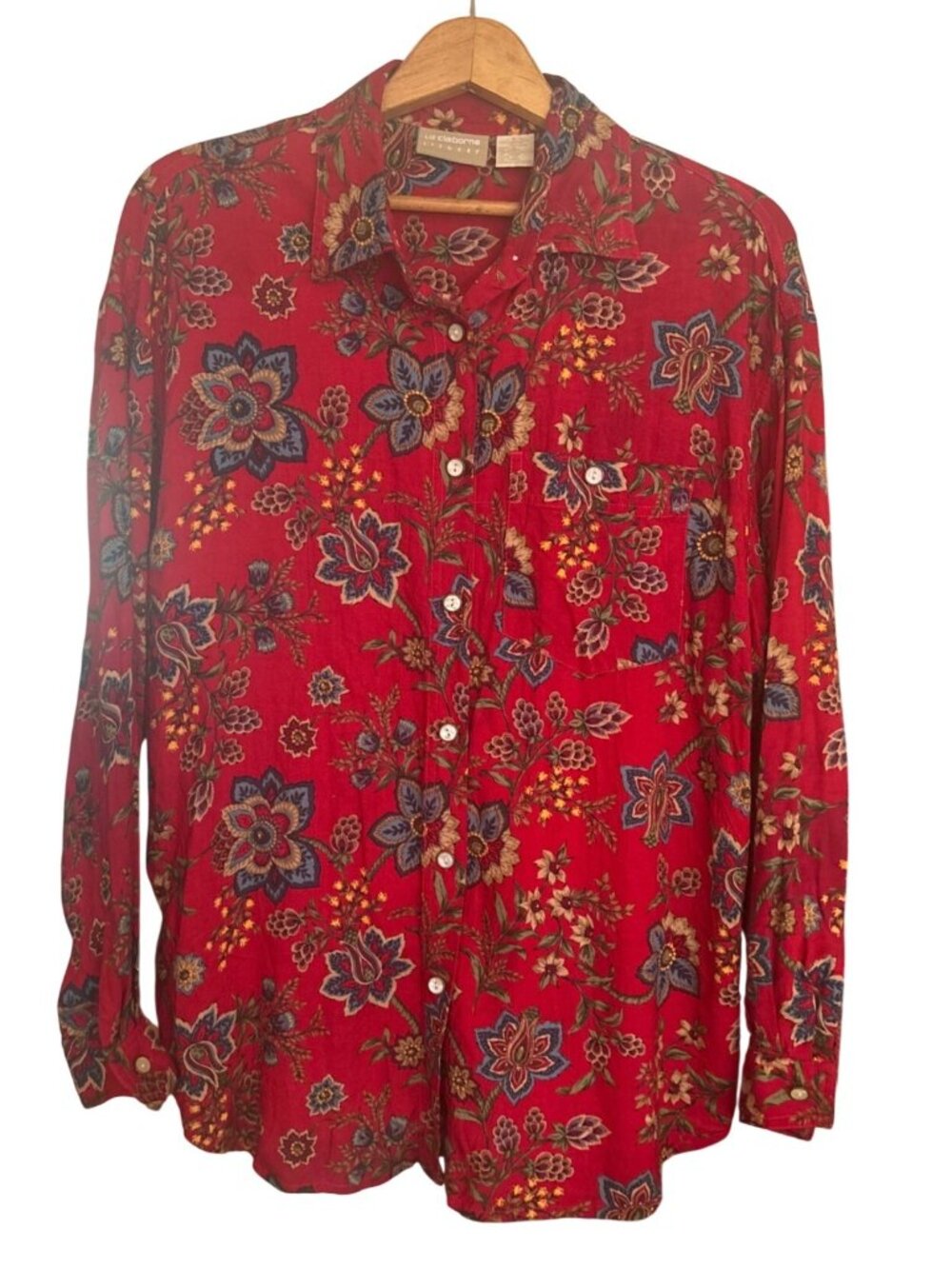 Women's Vintage 90s Liz Wear Button Front Red Floral Top Shirt Large Long Slv